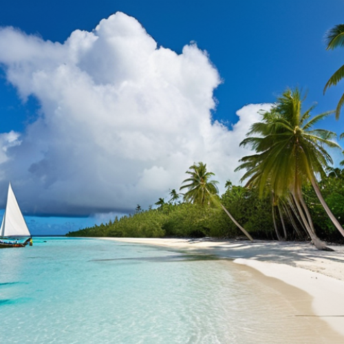 Home 4 **
"A serene, low-lying atoll in the Marshall Islands. White sand beach, crystal-clear turquoise water, and swaying coconut trees. In the distance, traditional Marshallese 'proa' sailboats are visible. The sky is a brilliant blue with fluffy clouds. Emphasize the vulnerability of the atoll to rising sea levels."
**