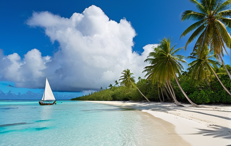**
"A serene, low-lying atoll in the Marshall Islands. White sand beach, crystal-clear turquoise water, and swaying coconut trees. In the distance, traditional Marshallese 'proa' sailboats are visible. The sky is a brilliant blue with fluffy clouds. Emphasize the vulnerability of the atoll to rising sea levels."
**