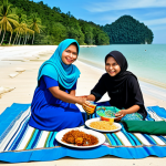 **

"A Malaysian family having a picnic on a beautiful beach in Pulau Langkawi, fully clothed in modest traditional Malay attire, enjoying nasi lemak and teh tarik, clear blue skies, tropical scenery, safe for work, perfect anatomy, natural proportions, professional photography, high quality, appropriate content, family-friendly."

**
