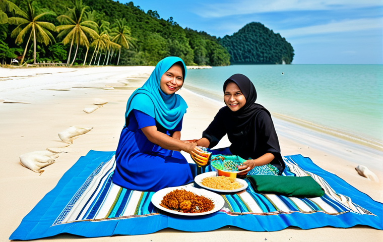 **

"A Malaysian family having a picnic on a beautiful beach in Pulau Langkawi, fully clothed in modest traditional Malay attire, enjoying nasi lemak and teh tarik, clear blue skies, tropical scenery, safe for work, perfect anatomy, natural proportions, professional photography, high quality, appropriate content, family-friendly."

**